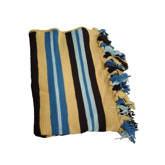 Handwoven Striped Throw Blanket With Fringe - Blue Black Yellow - 60" x 40" - Picture 1 of 2